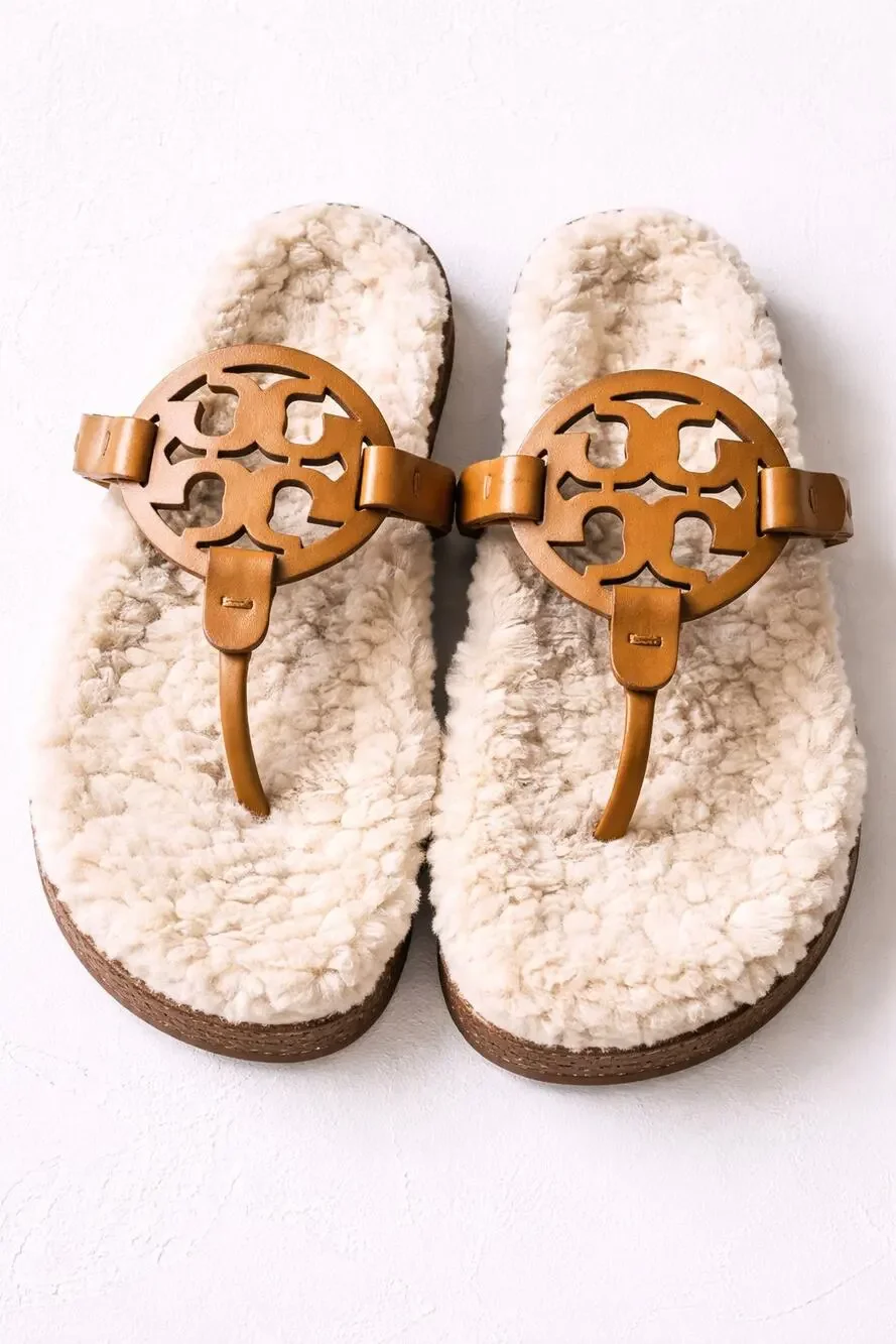 Tory Burch Miller Cloud Shearling Sandals Caramel 7